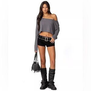 Edikted Women's Studded Belt Denim Micro Shorts Size XL Black